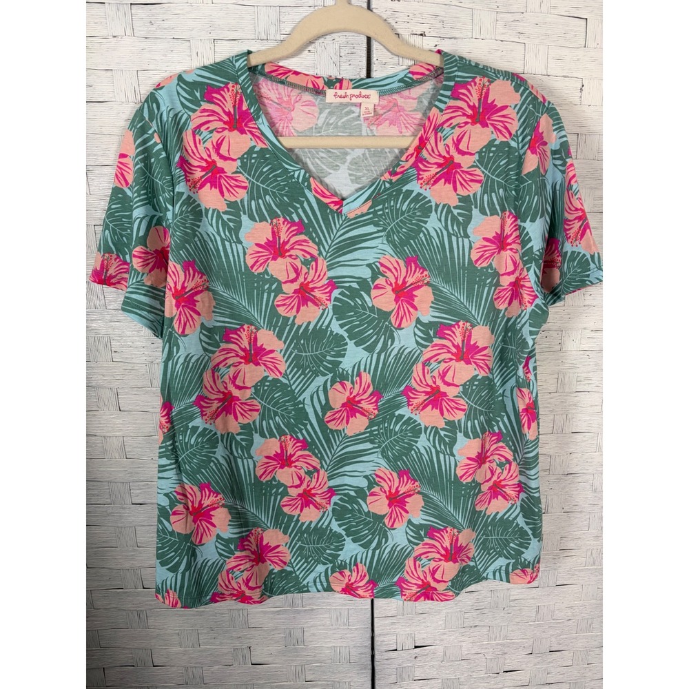 Fresh Produce Womens T-Shirt Tropical Hibiscus Palm Print‎ V-Neck Teal Pink